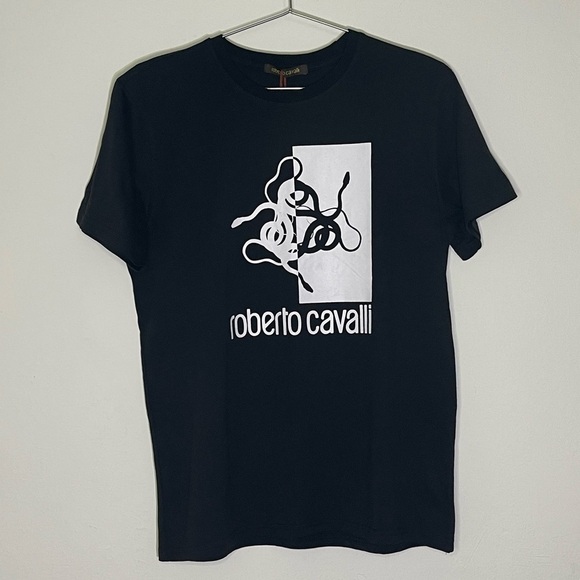 Roberto Cavalli Black White Graphic Logo T-Shirt Size S NWT Unisex Designer Tee - Picture 1 of 4